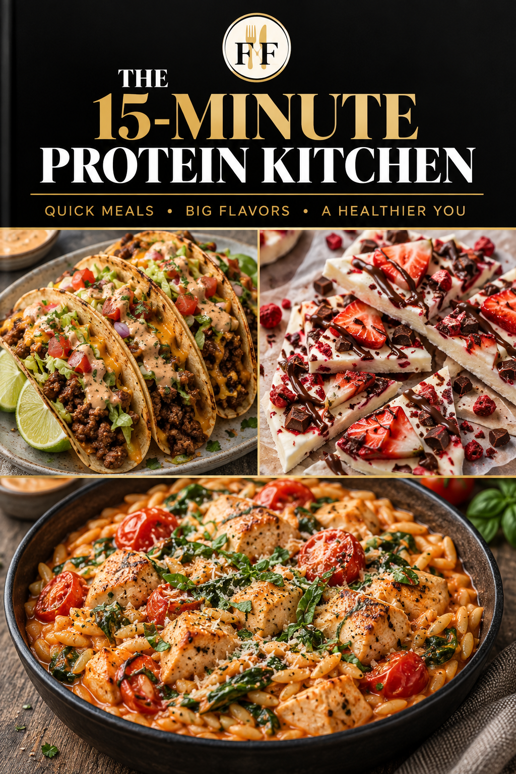The 15-Minute Protein Kitchen cookbook cover showing tacos, frozen yogurt bark, and a chicken orzo skillet