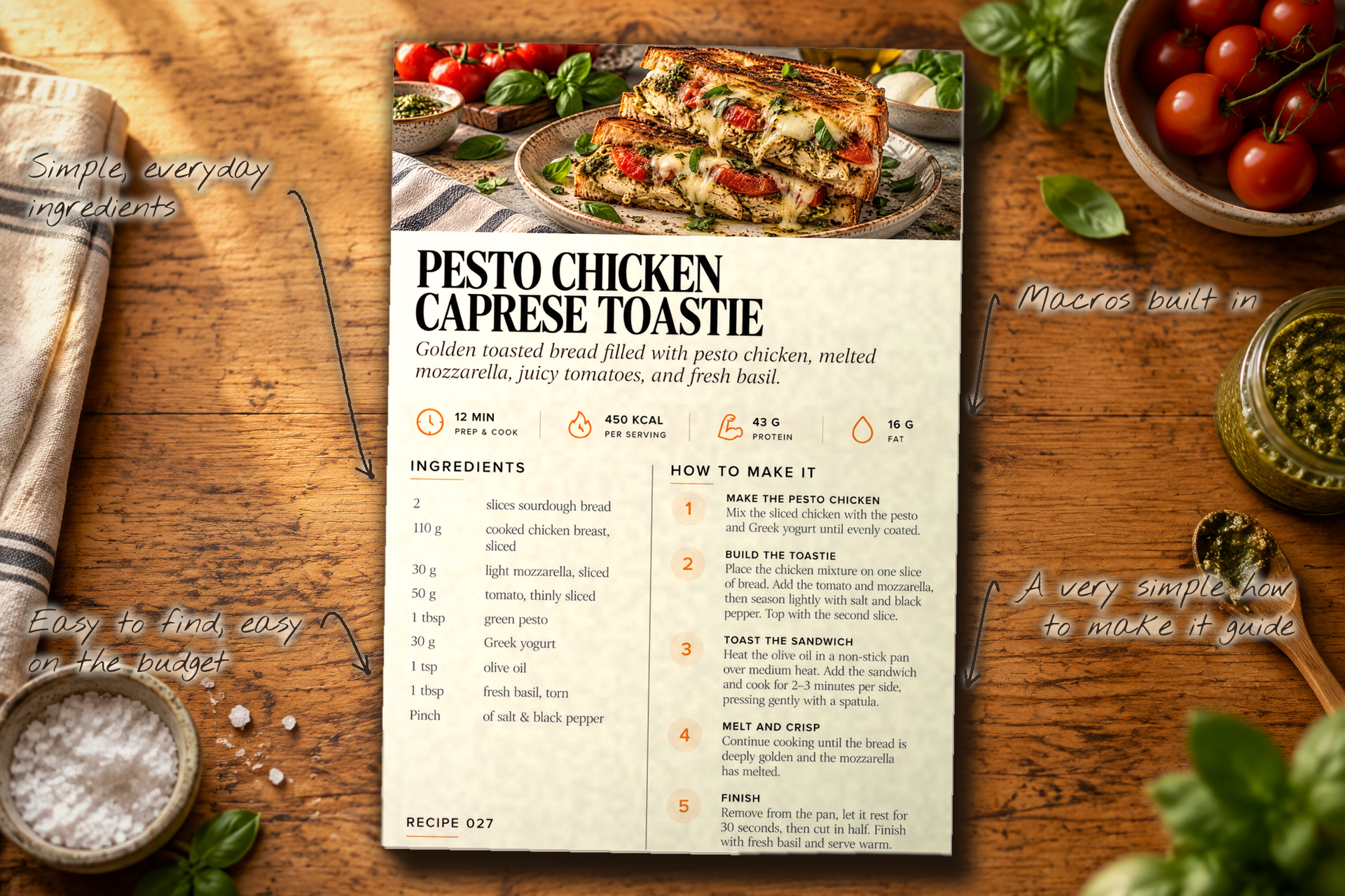 A printed recipe page from the cookbook lying on a kitchen counter, with handwritten notes pointing at the simple ingredients, the budget-friendly items, the built-in macros and the easy how to make it guide