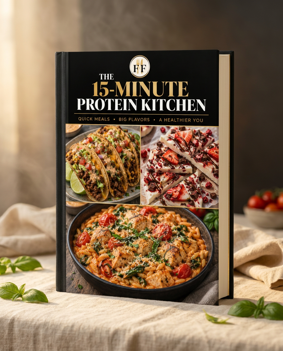 The 15-Minute Protein Kitchen hardcover cookbook standing on a warm linen table with fresh basil leaves