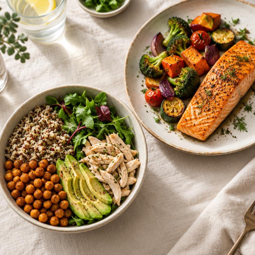 A grilled salmon fillet with roasted vegetables beside a chicken and quinoa bowl