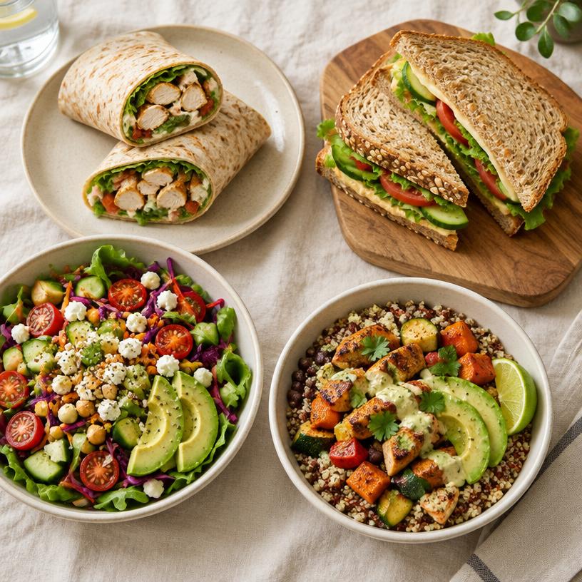 A lunch spread with a sliced chicken wrap, a sandwich, a chickpea salad, and a grain bowl