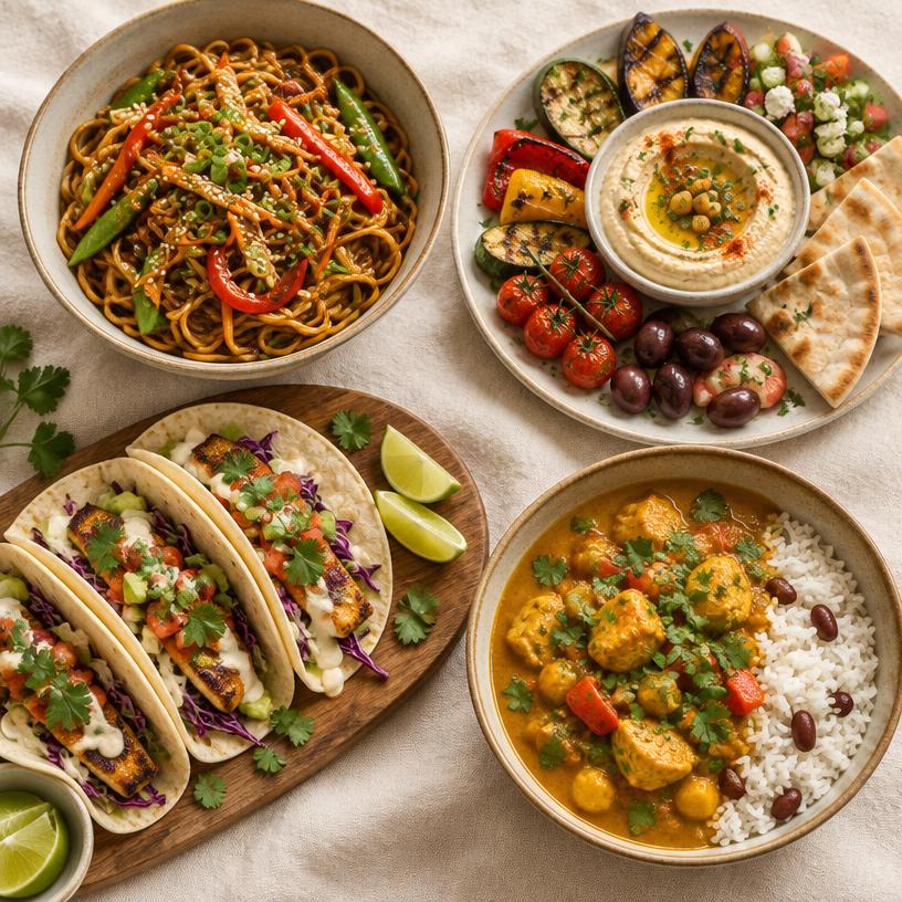 A spread of soft tacos, a curry bowl, a hummus and vegetable platter, and an Asian noodle bowl