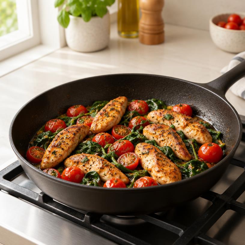 Seared chicken with spinach and blistered tomatoes in a single cast iron skillet