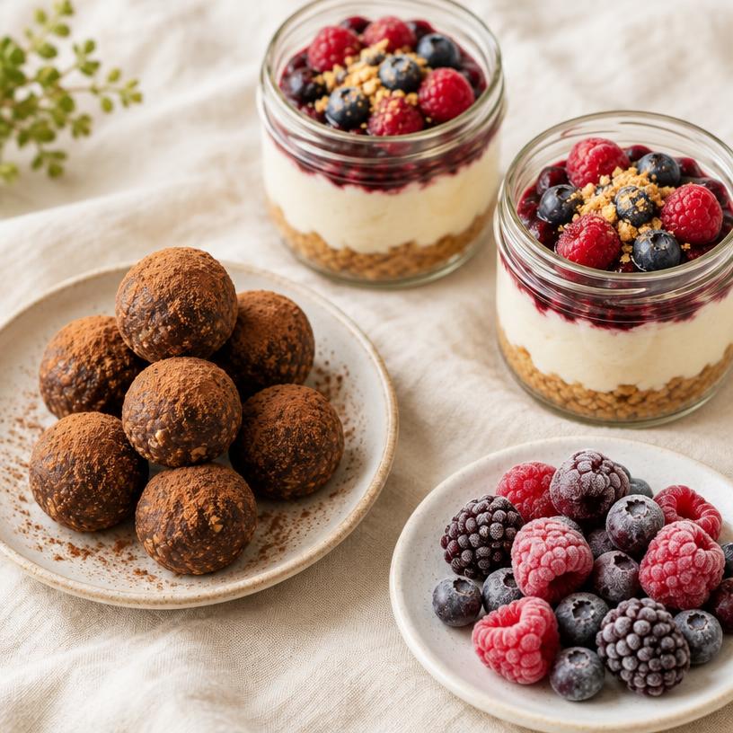 Chocolate energy bites, small cheesecake cups, and frozen yogurt berries