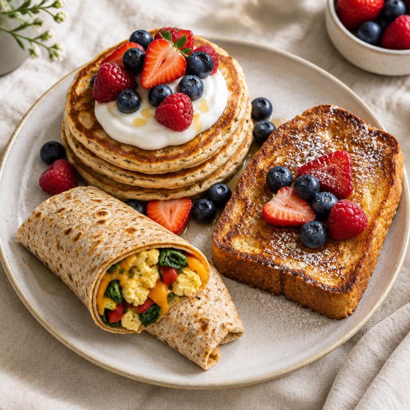 A plate of protein pancakes with berries, a slice of French toast, and a rolled breakfast wrap