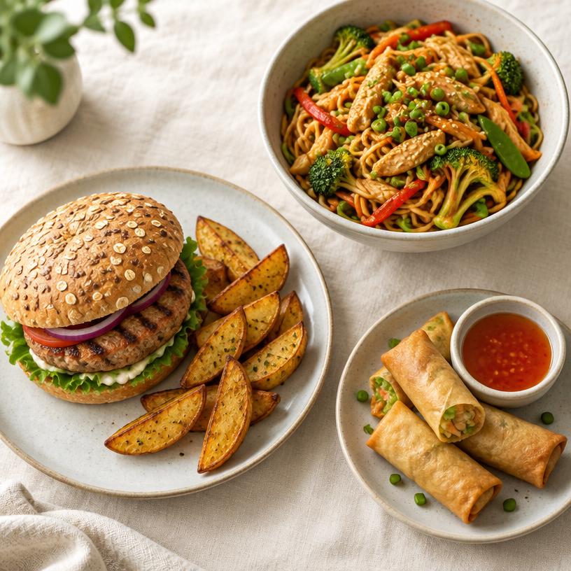 A homemade burger with potato wedges, a stir fry noodle bowl, and spring rolls